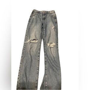 Garage denim semi-dark wash straight leg ripped jeans